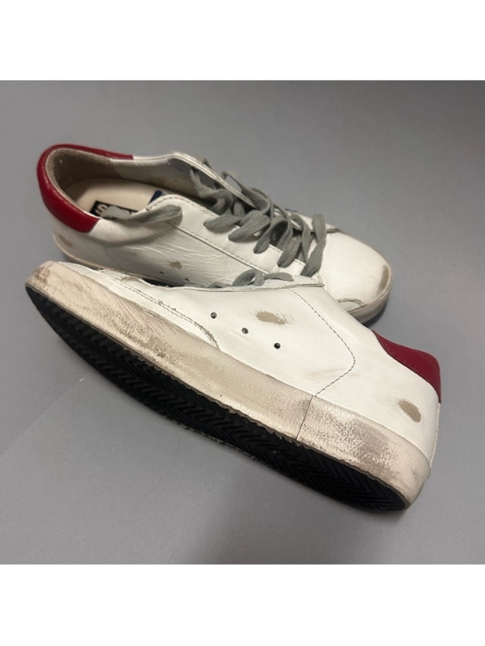 Golden Goose Style White Leather Sneakers with Blue Glitter Star & Red Heel - Picture 5 of 11